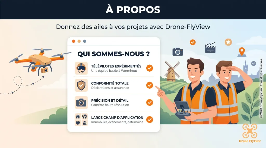 Illustration de la page À propos de Drone-FlyView : télépilotes basés à Wormhout, conformité, précision des prises de vue et domaines d’application