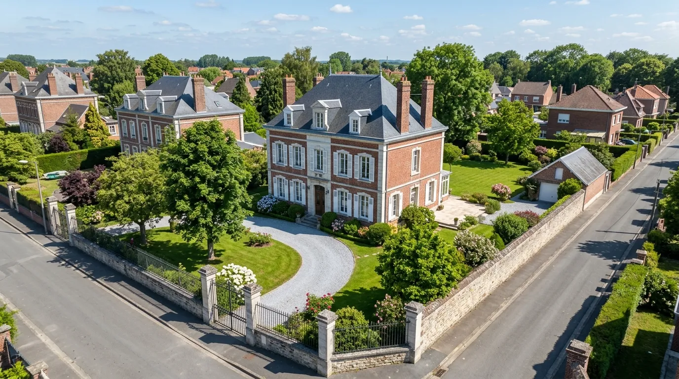 Maison de maître à Arras, vue aérienne avec jardin — image générée par IA, visuel provisoire