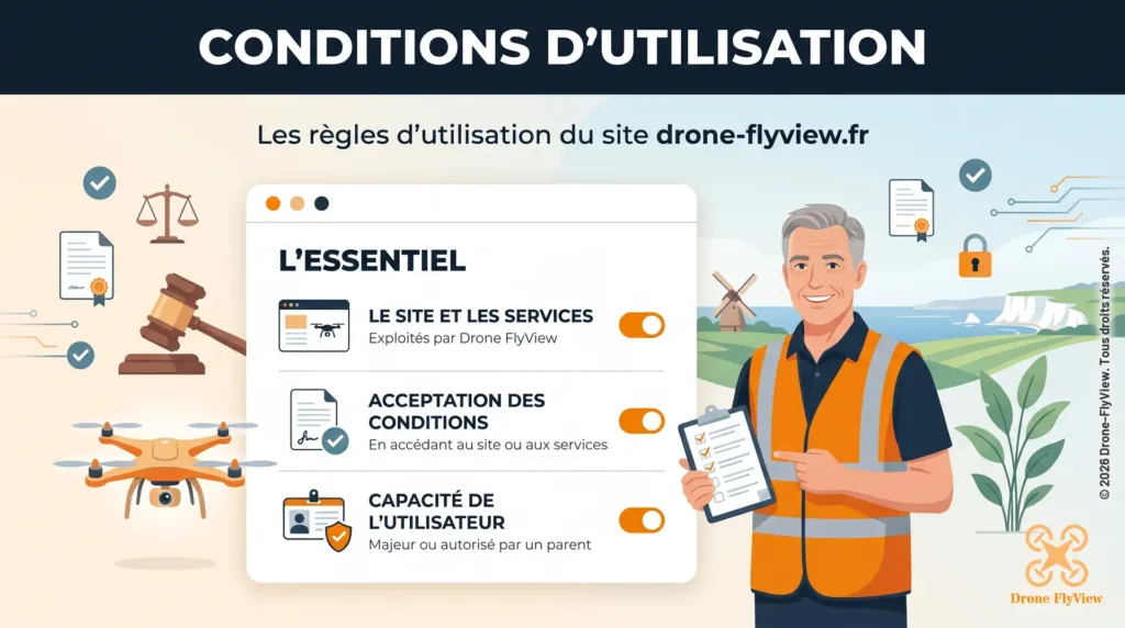 Illustration des conditions d’utilisation de drone-flyview.fr : site et services, acceptation des conditions, capacité de l’utilisateur