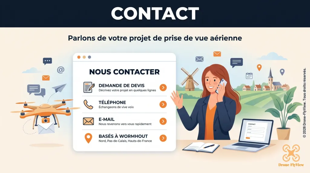 Illustration de la page Contact de Drone-FlyView : demande de devis, téléphone, e-mail, entreprise basée à Wormhout