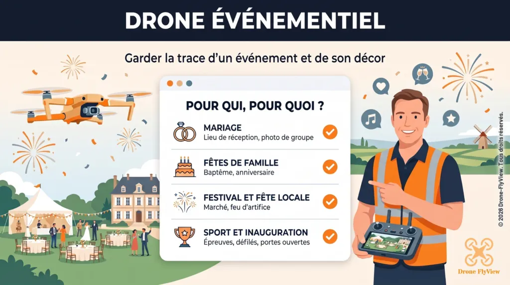 Illustration de la prestation Drone événementiel de Drone-FlyView : mariage, fêtes de famille, festival et fête locale, sport et inauguration