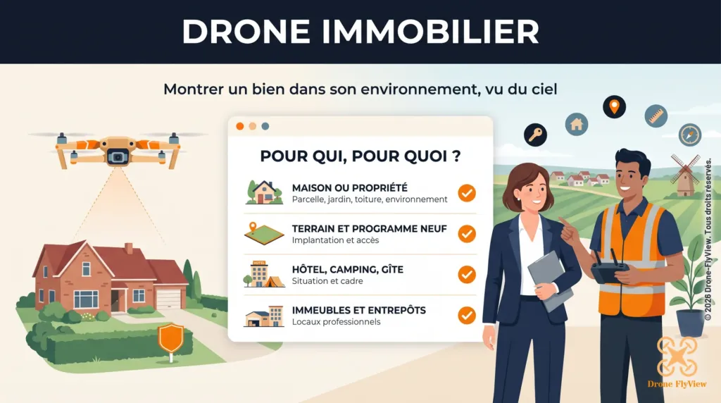 Illustration de la prestation Drone immobilier de Drone-FlyView : maison ou propriété, terrain et programme neuf, hôtel, camping, gîte, immeubles et entrepôts