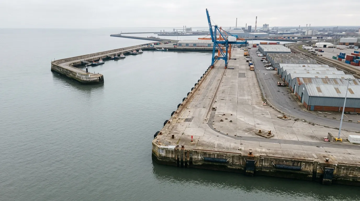 Vue aérienne d'un quai et d'une jetée du port de Dunkerque — image générée par IA, visuel provisoire