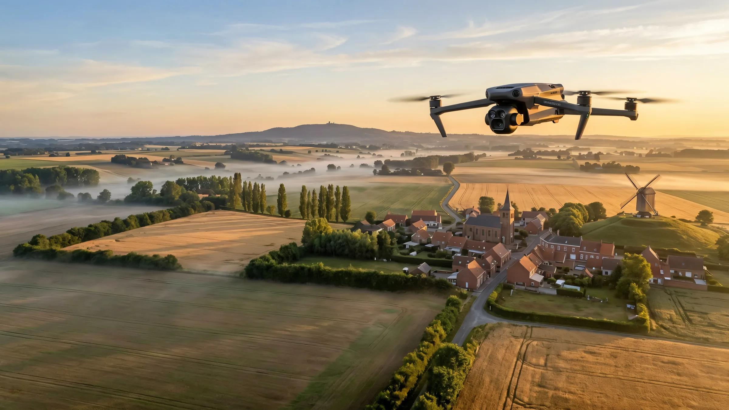 Vue aérienne de la Flandre intérieure au lever du soleil, un drone DJI Mavic 4 Pro au premier plan (image générée par IA, visuel provisoire)