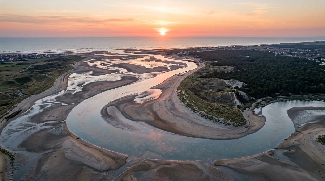 Vue aérienne de la baie de Canche au coucher du soleil — image générée par IA, visuel provisoire
