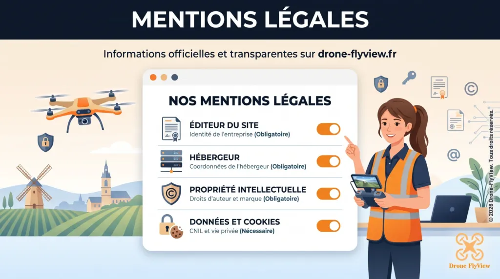Illustration des mentions légales de drone-flyview.fr : éditeur du site, hébergeur, propriété intellectuelle, données et cookies, avec un drone et une télépilote