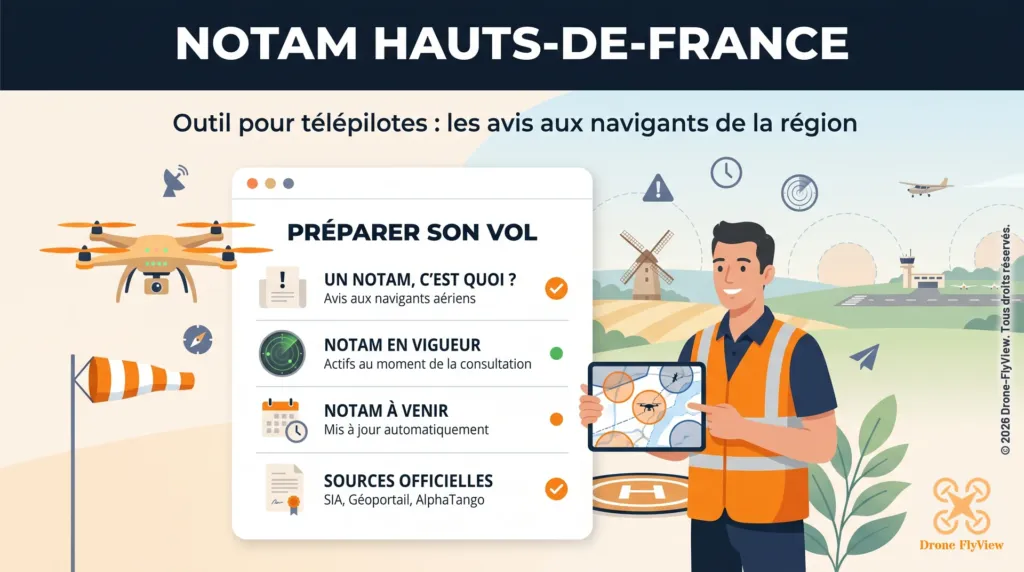 Illustration de la page NOTAM Hauts-de-France : définition d’un NOTAM, NOTAM en vigueur et à venir, sources officielles pour télépilotes