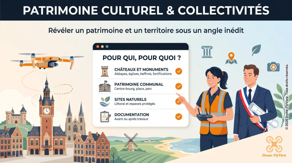Illustration de la prestation Patrimoine culturel et collectivités de Drone-FlyView : châteaux et monuments, patrimoine communal, sites naturels, documentation