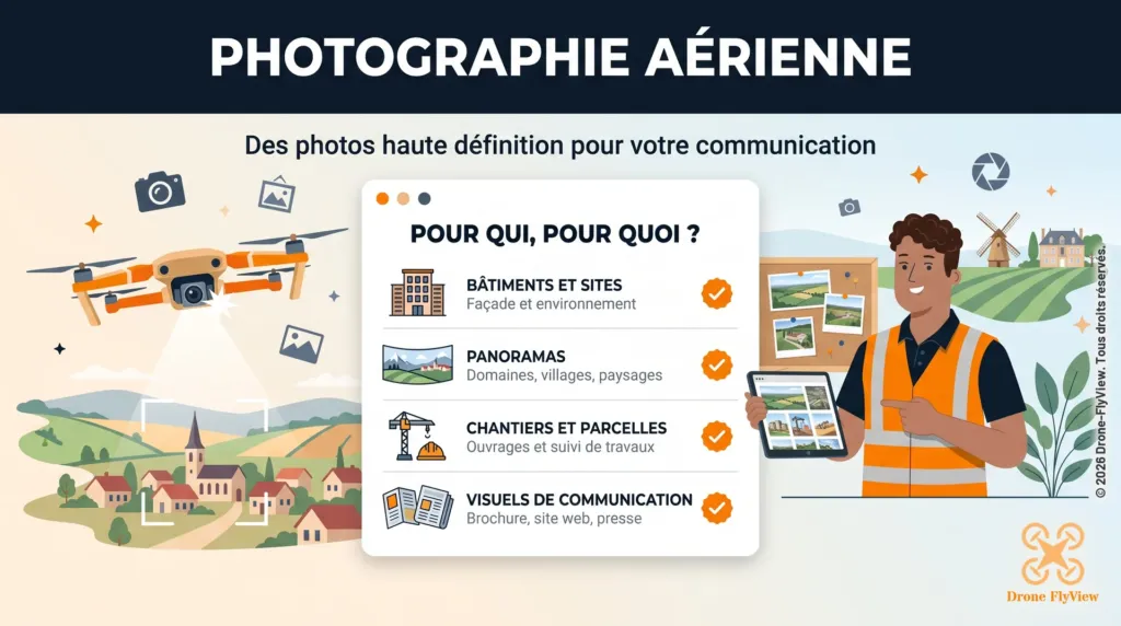 Illustration de la prestation Photographie aérienne de Drone-FlyView : bâtiments et sites, panoramas, chantiers et parcelles, visuels de communication