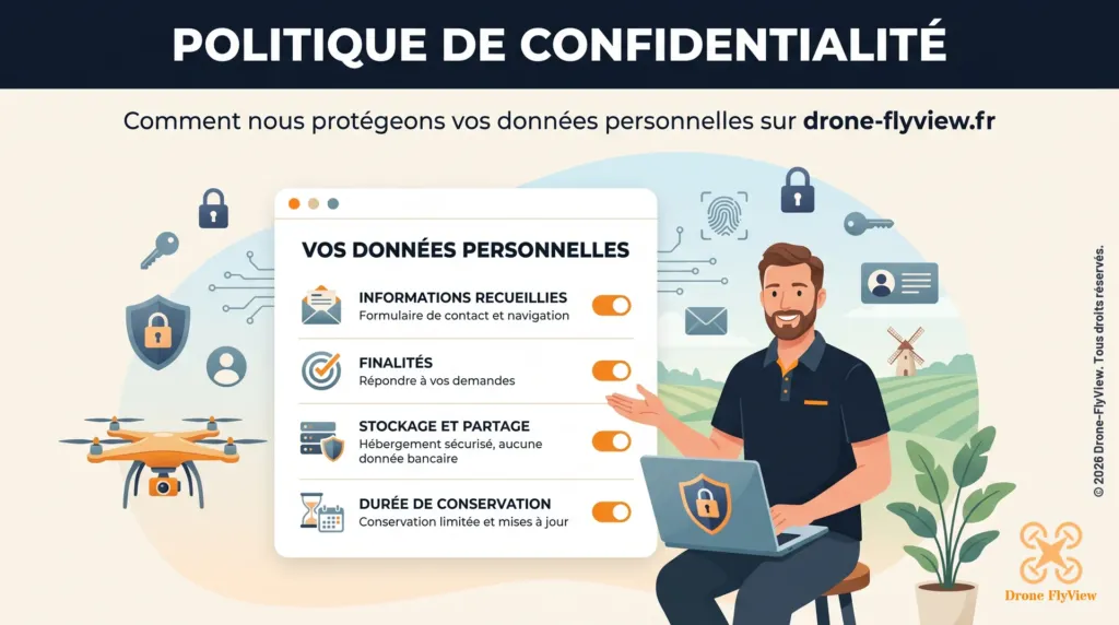 Illustration de la politique de confidentialité de drone-flyview.fr : informations recueillies, finalités, stockage et partage, durée de conservation