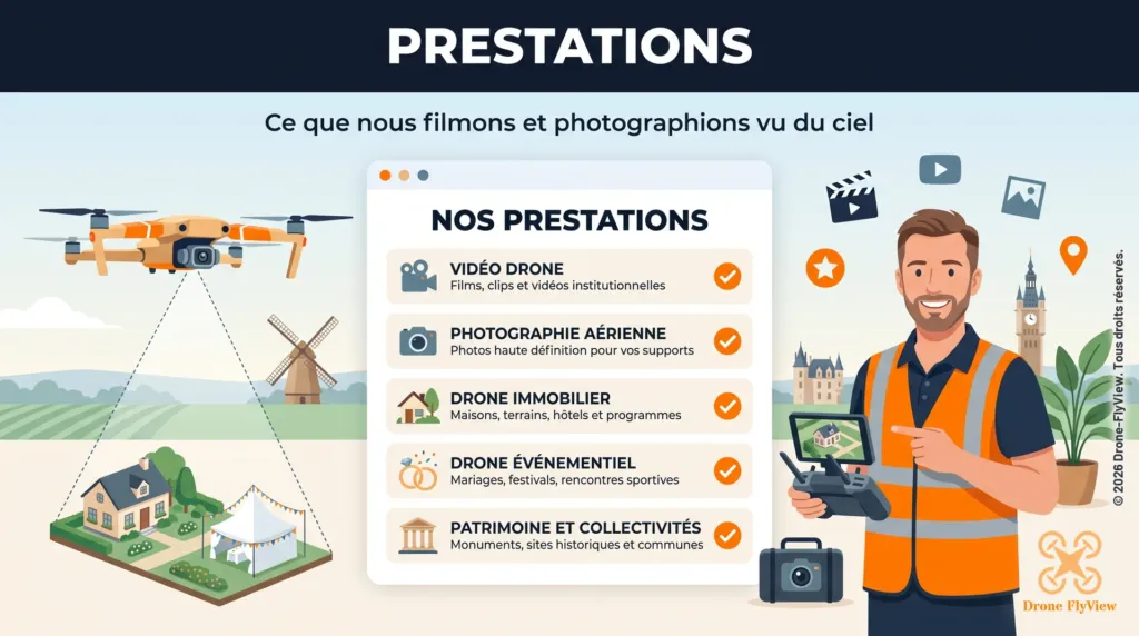 Illustration des prestations de Drone-FlyView : vidéo drone, photographie aérienne, drone immobilier, drone événementiel, patrimoine et collectivités