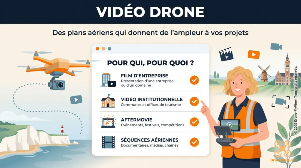 Illustration de la prestation Vidéo drone de Drone-FlyView : film d’entreprise, vidéo institutionnelle, aftermovie et séquences aériennes