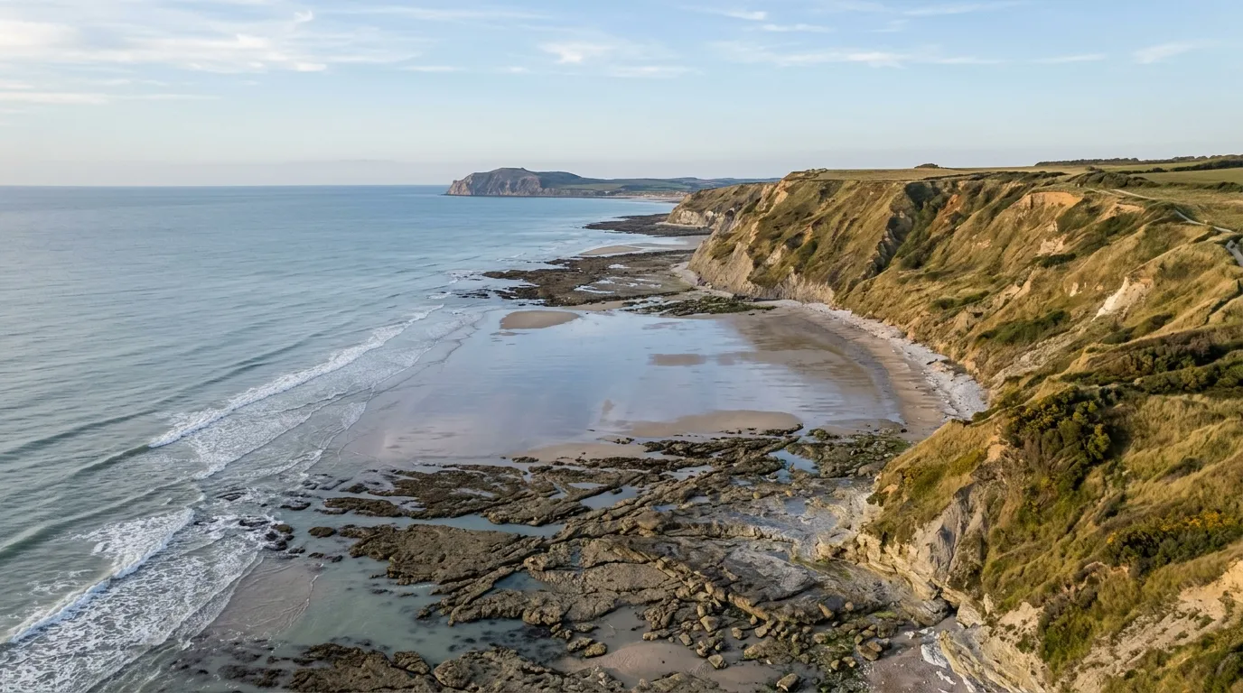 Vue aérienne des falaises de la Côte d'Opale à marée basse près de Wimereux — image générée par IA, visuel provisoire