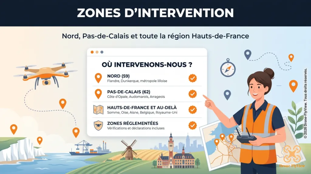 Illustration des zones d’intervention de Drone-FlyView : Nord, Pas-de-Calais, reste des Hauts-de-France et au-delà, zones réglementées